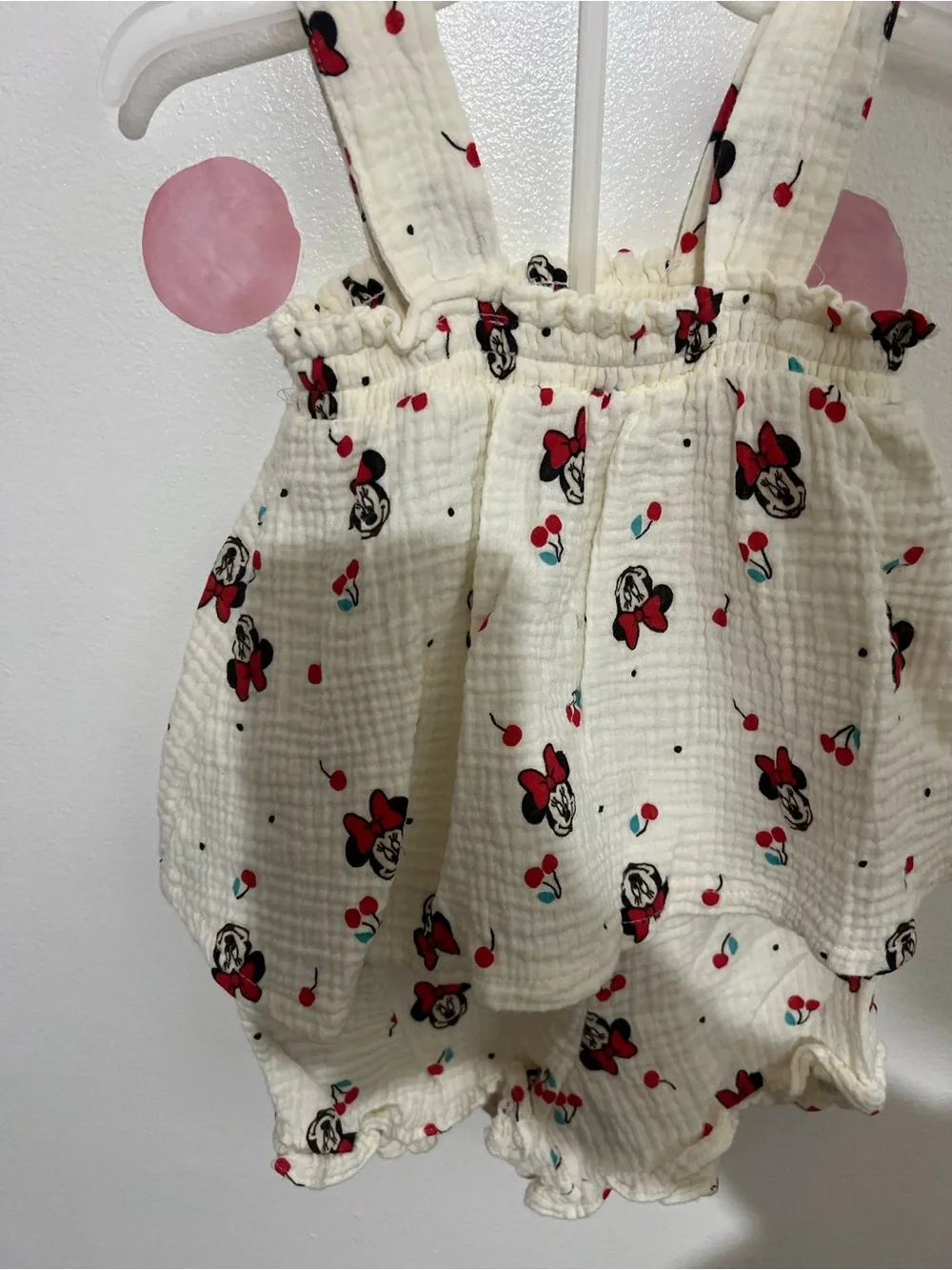 Disney Cream Baby Romper with Red and Black Minnie Faces and Teal Accents